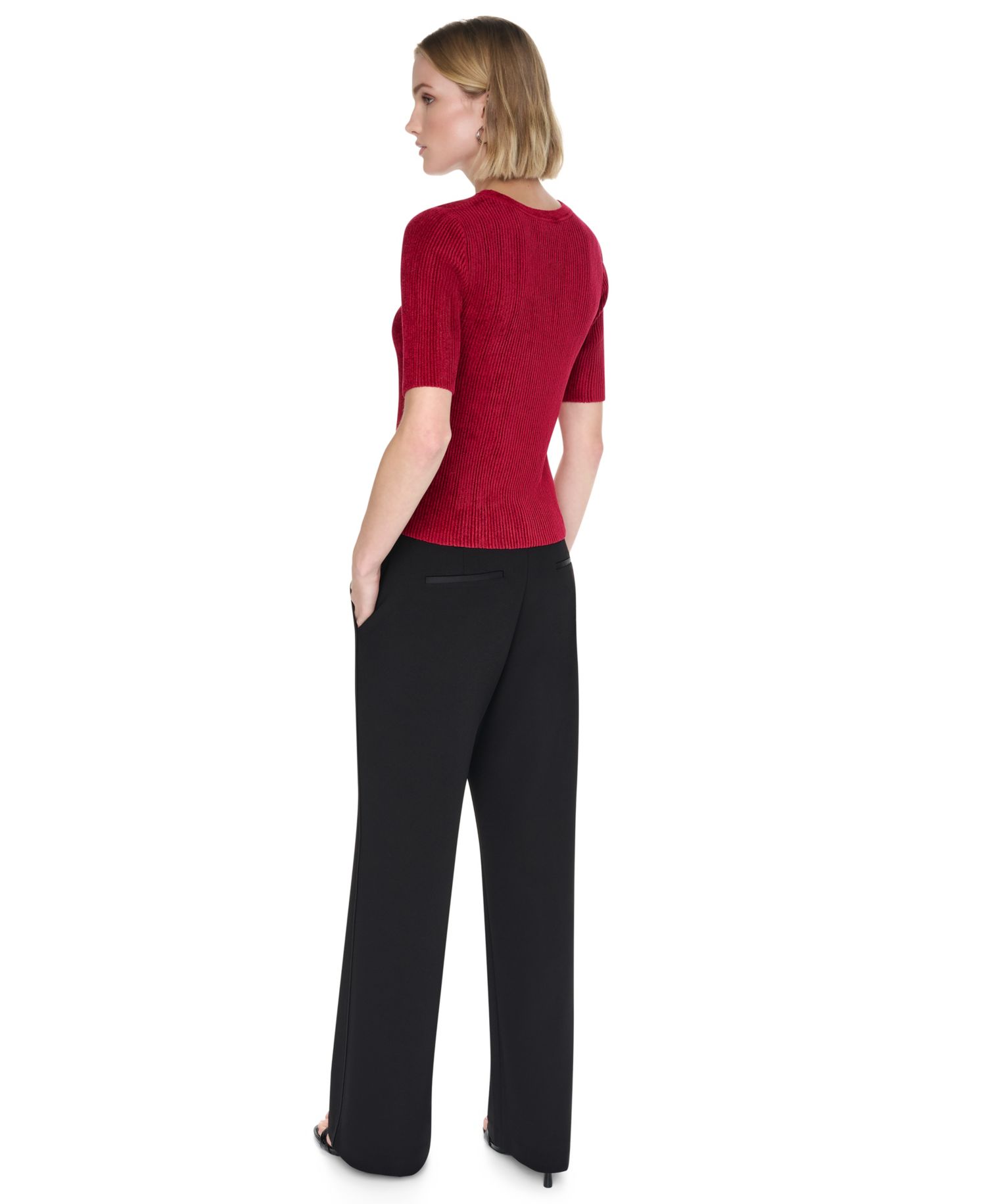 Petite Crewneck Short-Sleeve Ribbed Sweater