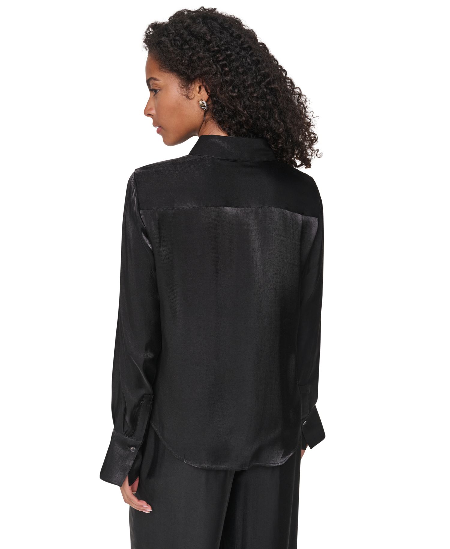Petite East River Shine Long Sleeve Button Up Satin Blouse