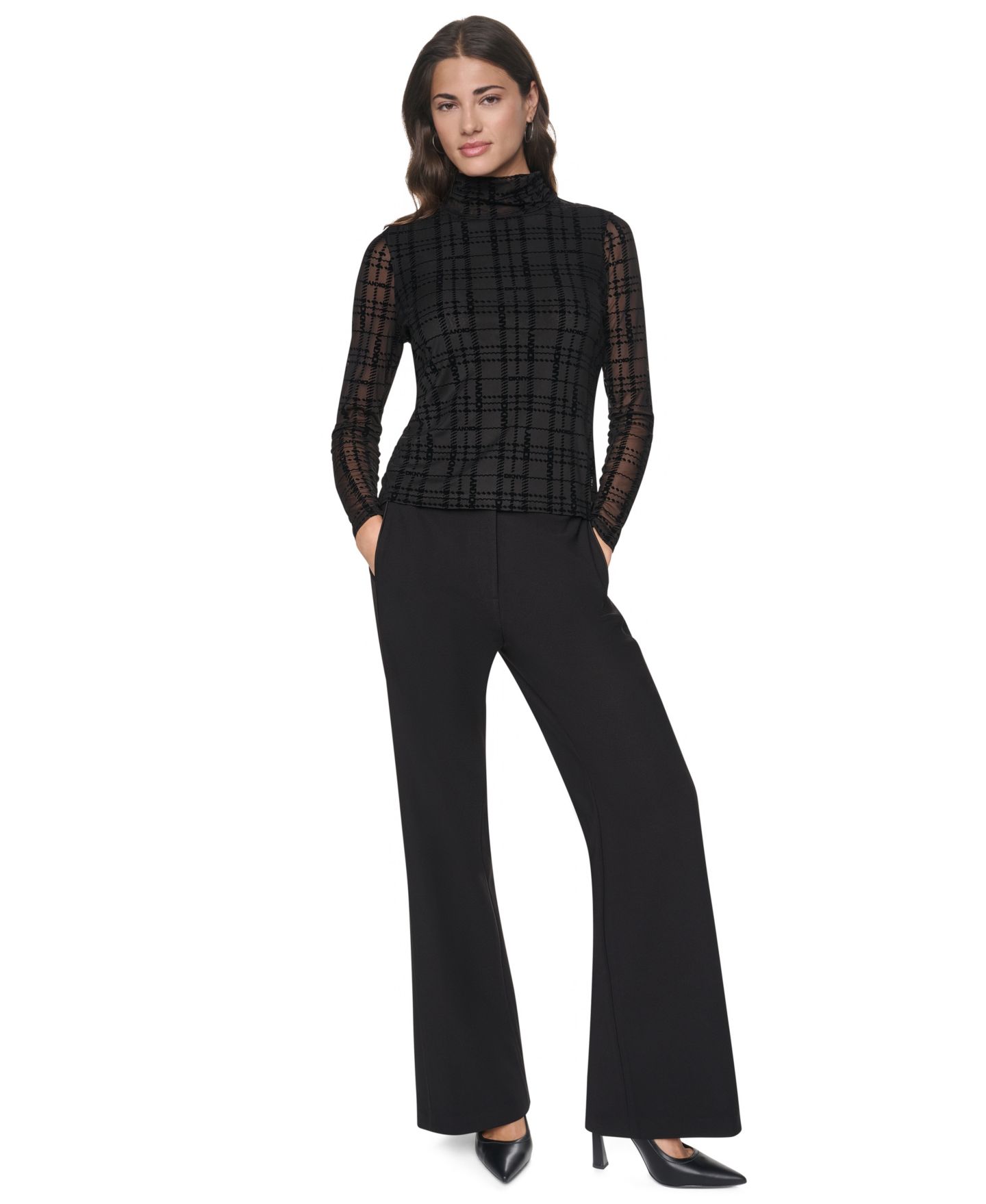 Женский топ DKNY Petite Mock Neck Long-Sleeve Flocked-Mesh Knit Top, цвет: Чёрный — фото 2