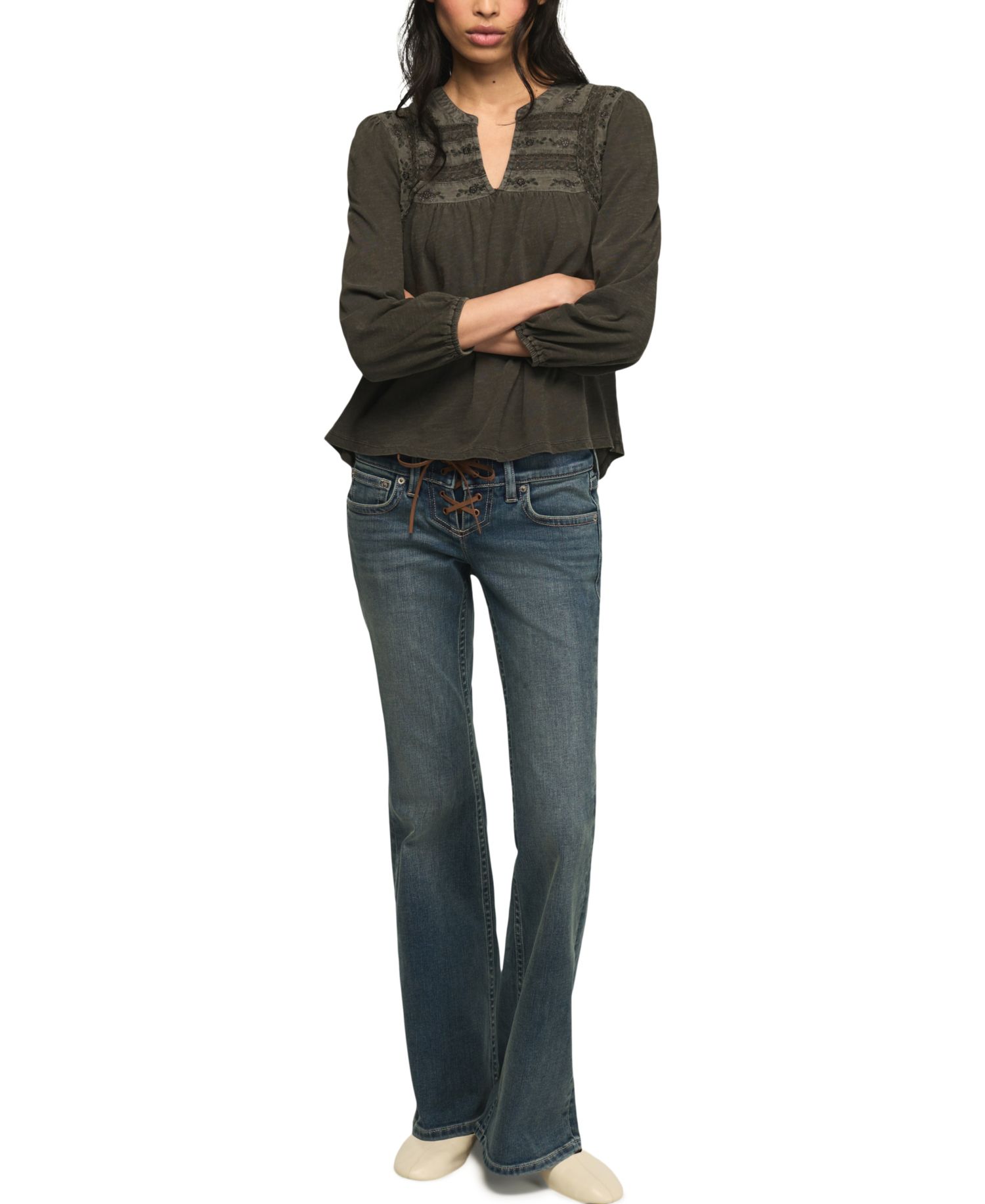 Women's Trim Mix Knit Lace-Trim Embroidered Peasant Top