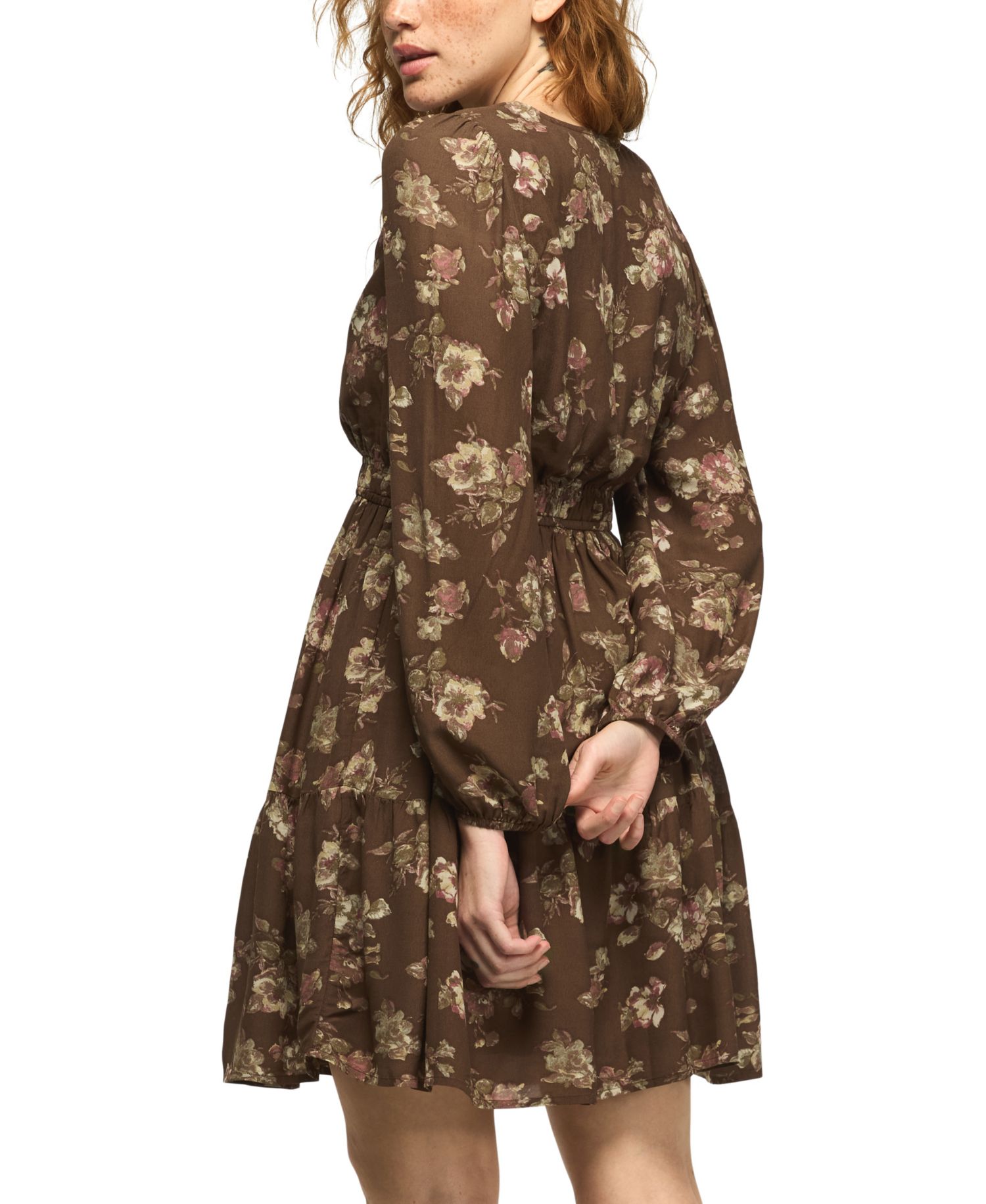 Women's Long-Sleeve Smocked-Waist Floral Mini Dress