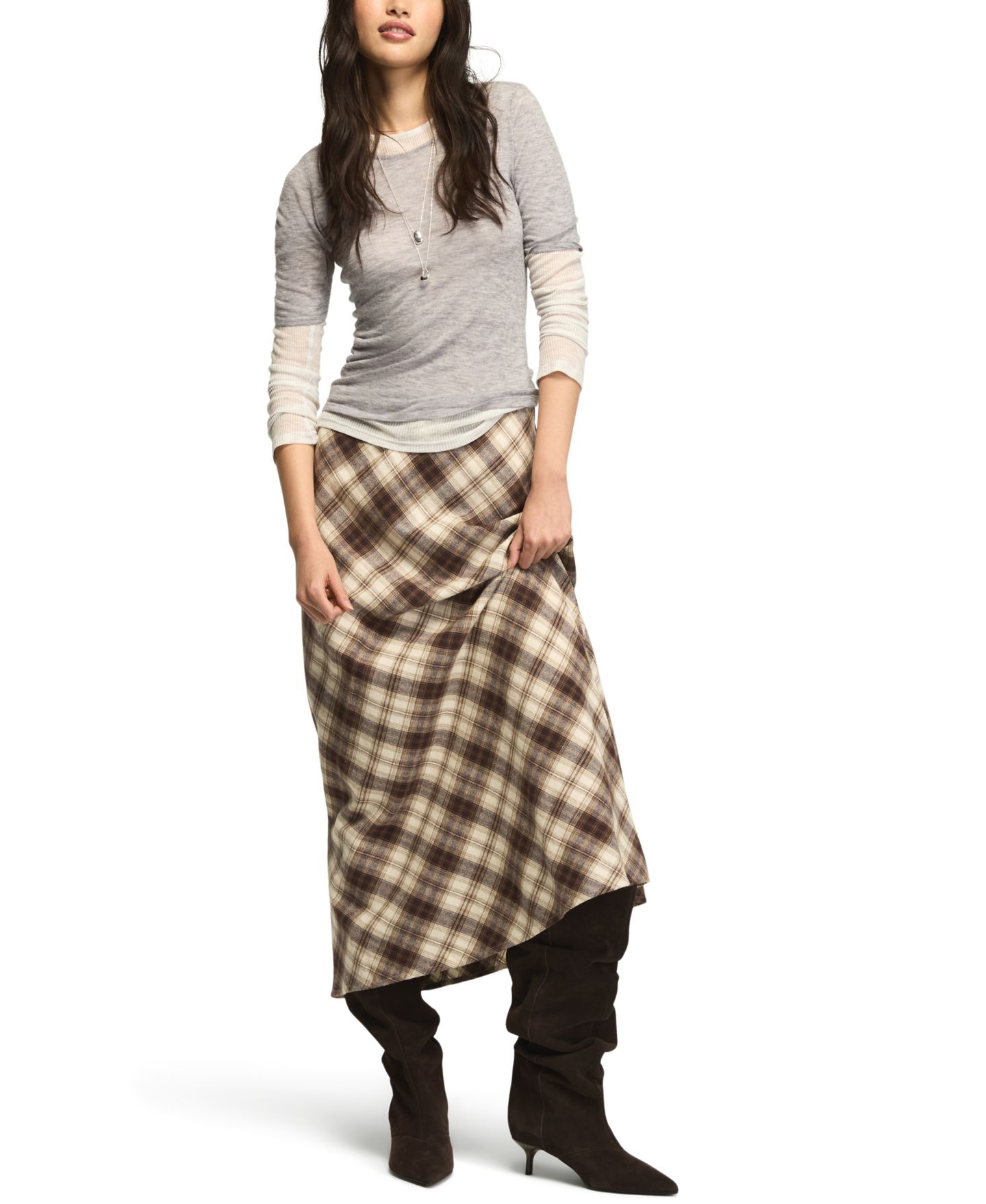 Женская юбка Lucky Brand Plaid Midi Slip, цвет: Коричневый клетчатый — фото 2