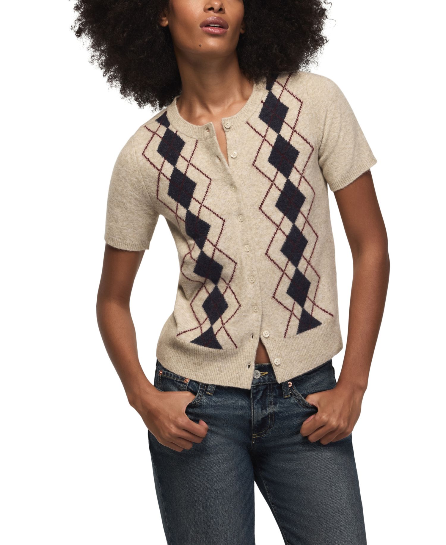 Women's Argyle Crew-Neck Short-Sleeve Cardigan