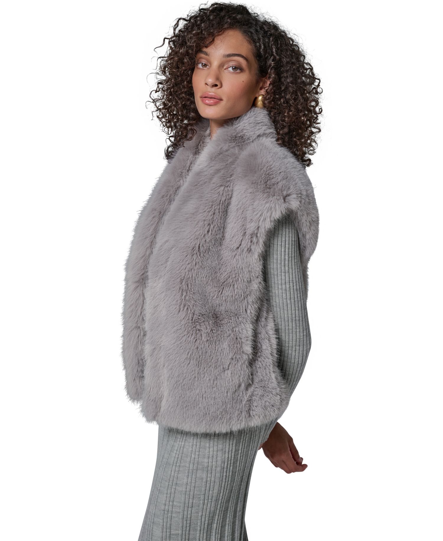Petite Faux Fur Sleeveless Collared Vest
