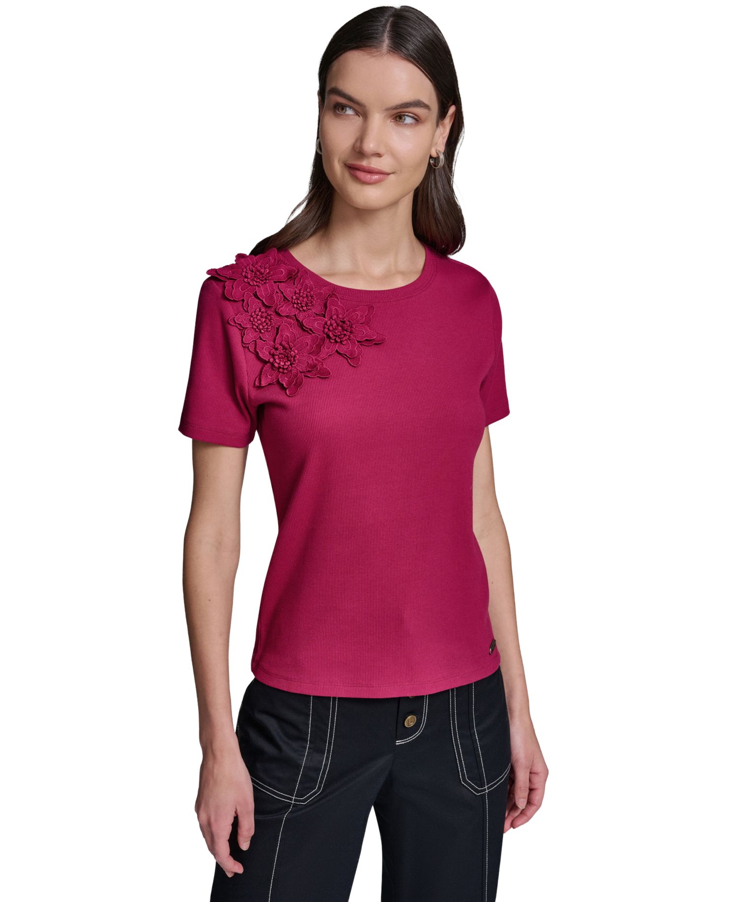 Women's Floral Applique Short-Sleeve Rib Knit Top