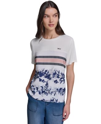 Women's Short-Sleeve Mix-Media Printed Knit Top