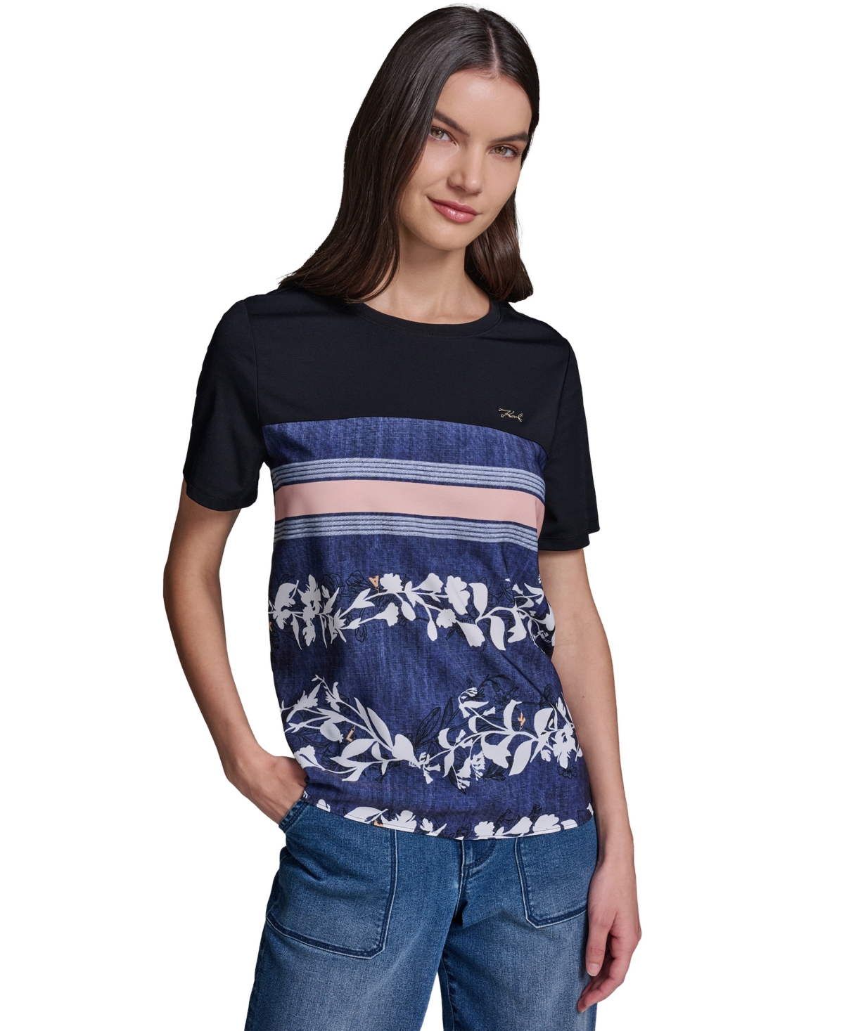 Karl Lagerfeld Paris Women's Short-Sleeve Mix-Media Printed Knit Top