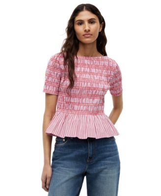 Women's Smocking Striped Boat Neck Cotton Top
