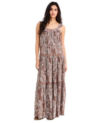 Women's Tiered Henley Maxi Boho Paisley-Print Dress