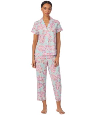 Women's Short-Sleeve Notch Collar Cropped Pant Pajama Set