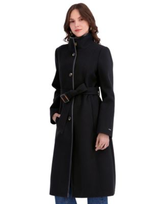 Women's Belted Faux-Leather Trimmed Funnel Neck Coat