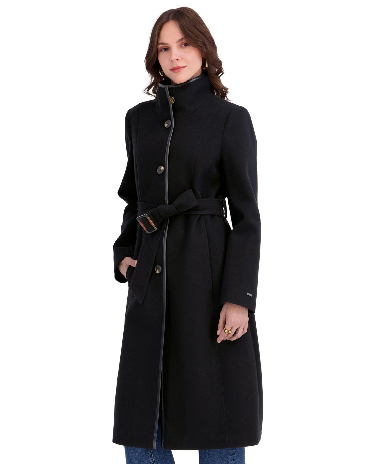 Women's Belted Faux-Leather Trimmed Funnel Neck Coat