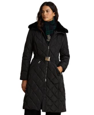 Women's Belted Quilt with Faux Fur Collar Coat