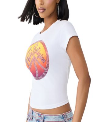 Women's Crystal Peace Sign Graphic Crop Baby T-Shirt