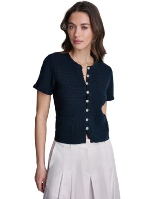 Women's Tweed Short-Sleeve Cropped Cardigan Sweater