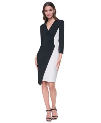 Women's Long Sleeve V-Neck Side Ruche Colorblock Dress