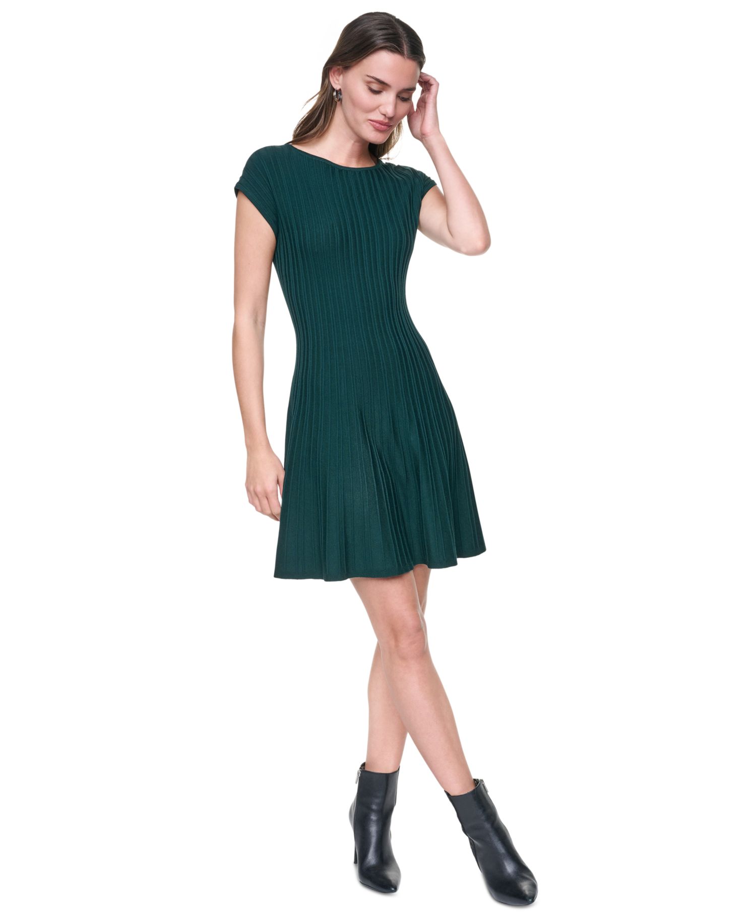 Women's Ribbed Fit And Flare Cap-Sleeve Dress