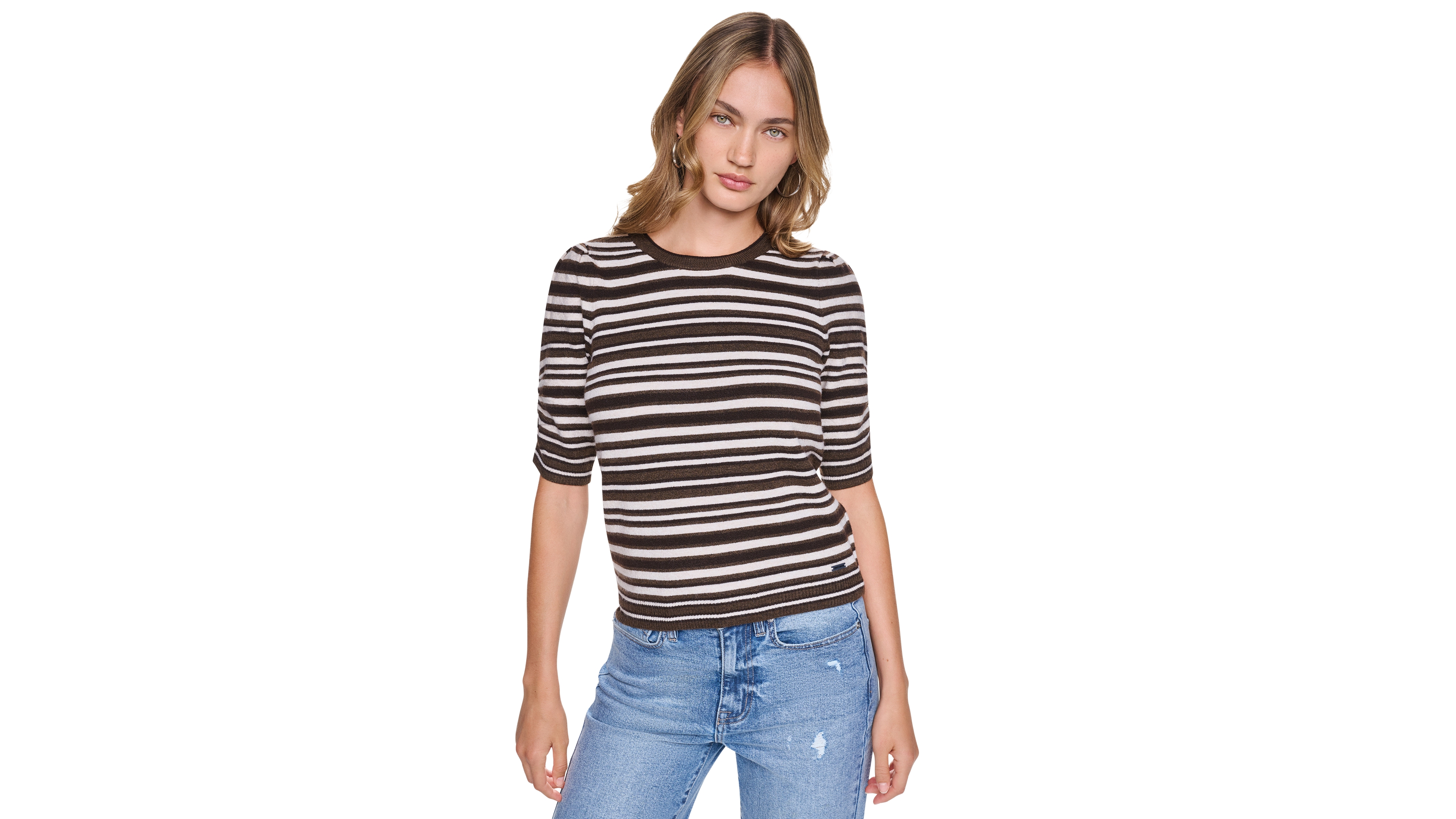 Dkny Jeans Women's Striped Puff-Sleeve Crewneck Sweater