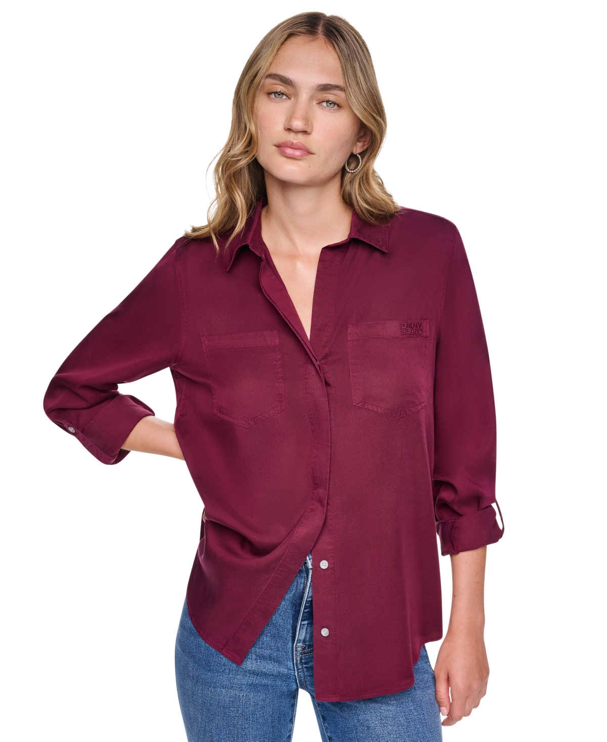 Dkny Jeans Women's Garment-Dye & Print Split-Back Button-Front Shirt