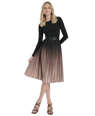 Women's Pleated Jewel Neck Belted Midi Dress