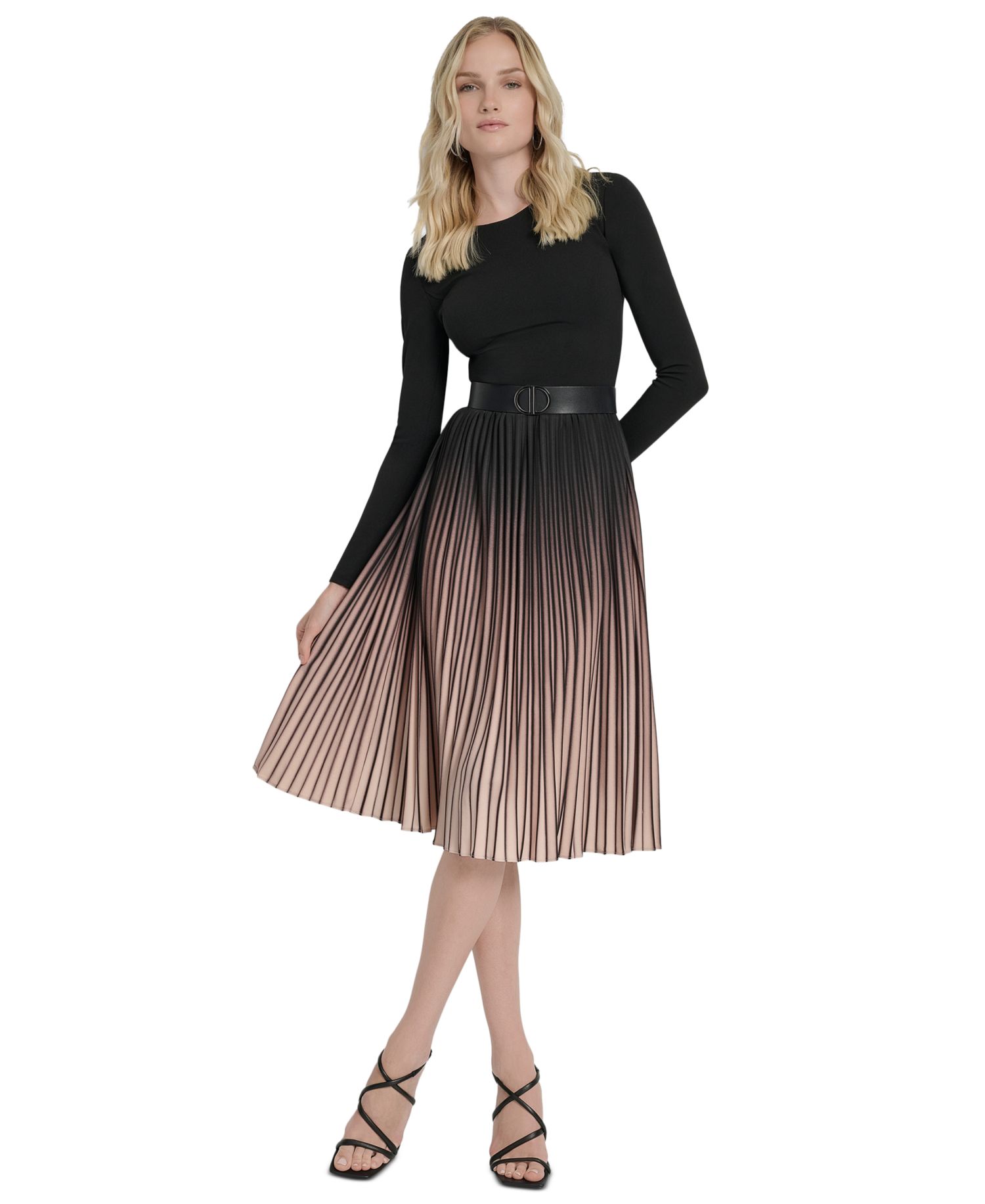 Women's Pleated Jewel Neck Belted Midi Dress