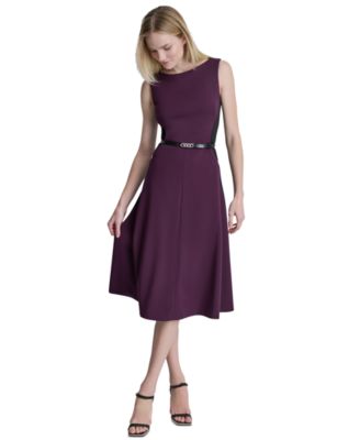 Women's Sleeveless Boat Neck Belted Midi Dress