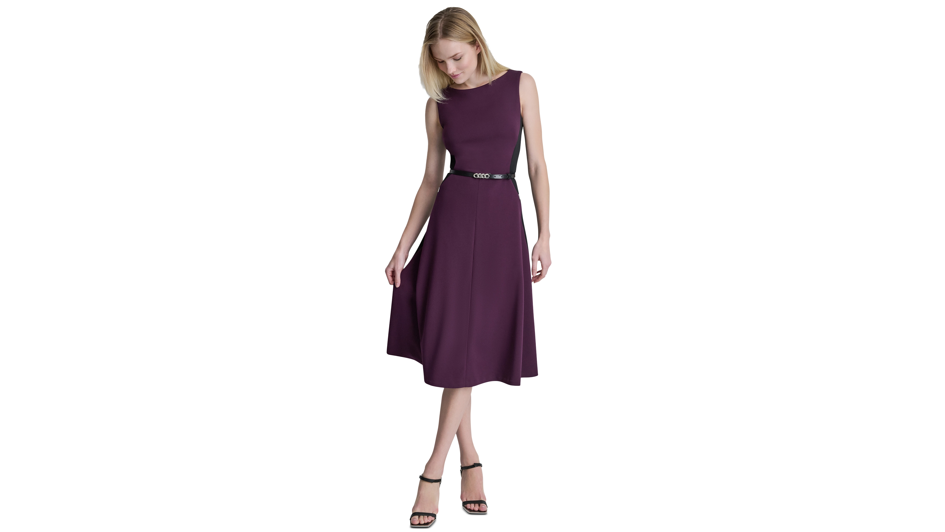 Dkny Women's Sleeveless Boat Neck Belted Midi Dress