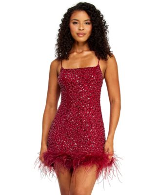 Juniors' Square Neck Bead & Imitation Pearl Detail Sequin Dress with Feather Hem