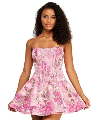 Juniors' Strapless Corseted Jacquard Mini Dress