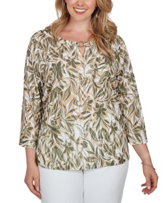 Plus Size Green Leaf Printed Slub Top