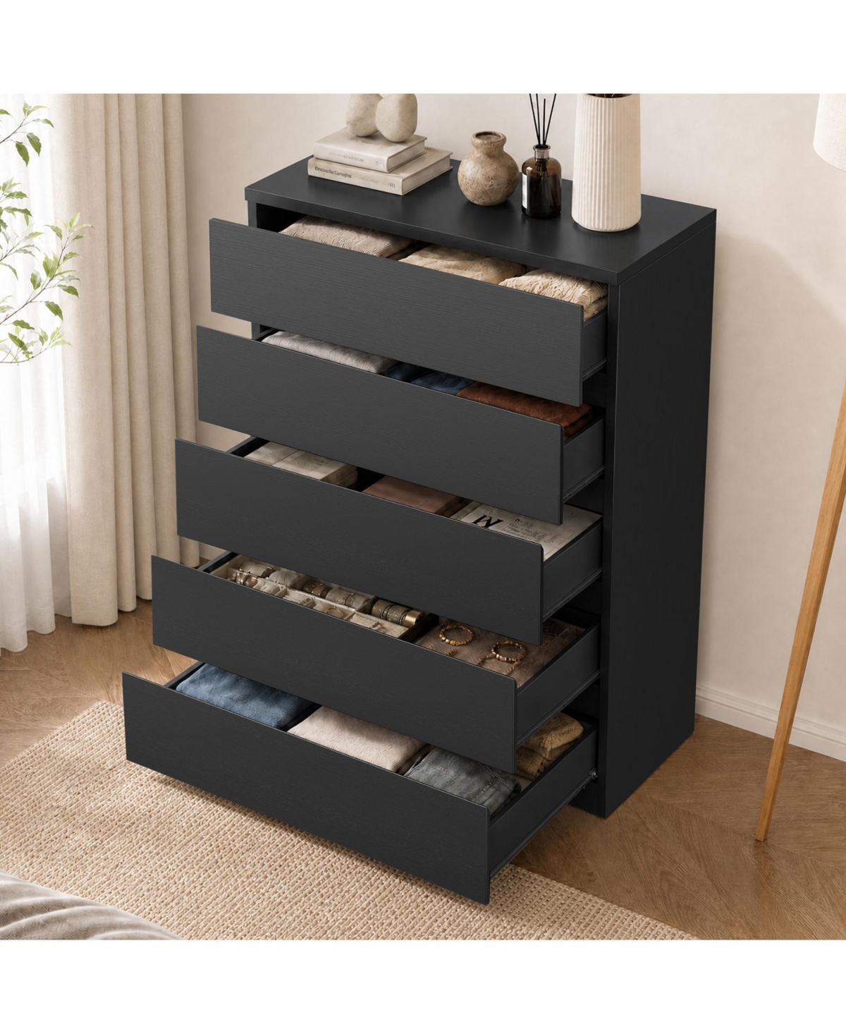 homfan 23.6" Wide 5-Drawer Chest of Drawers - Set 2 Engineered Wood Dressers with Anti-Tip Safety Kits, for Bedroom