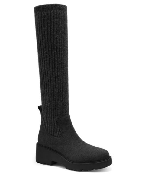 Женские ботинки VIVAIA Eduarda Round-Toe Knee-High Wool Wedge, цвет: Чёрный