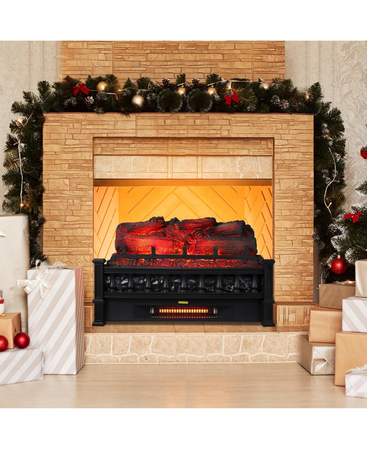 homfan 20" Electric Fireplace Log Insert Heater, 1500W Freestanding Space Heater - Thermostat Knob Control - 5 Flame Brightness Levels