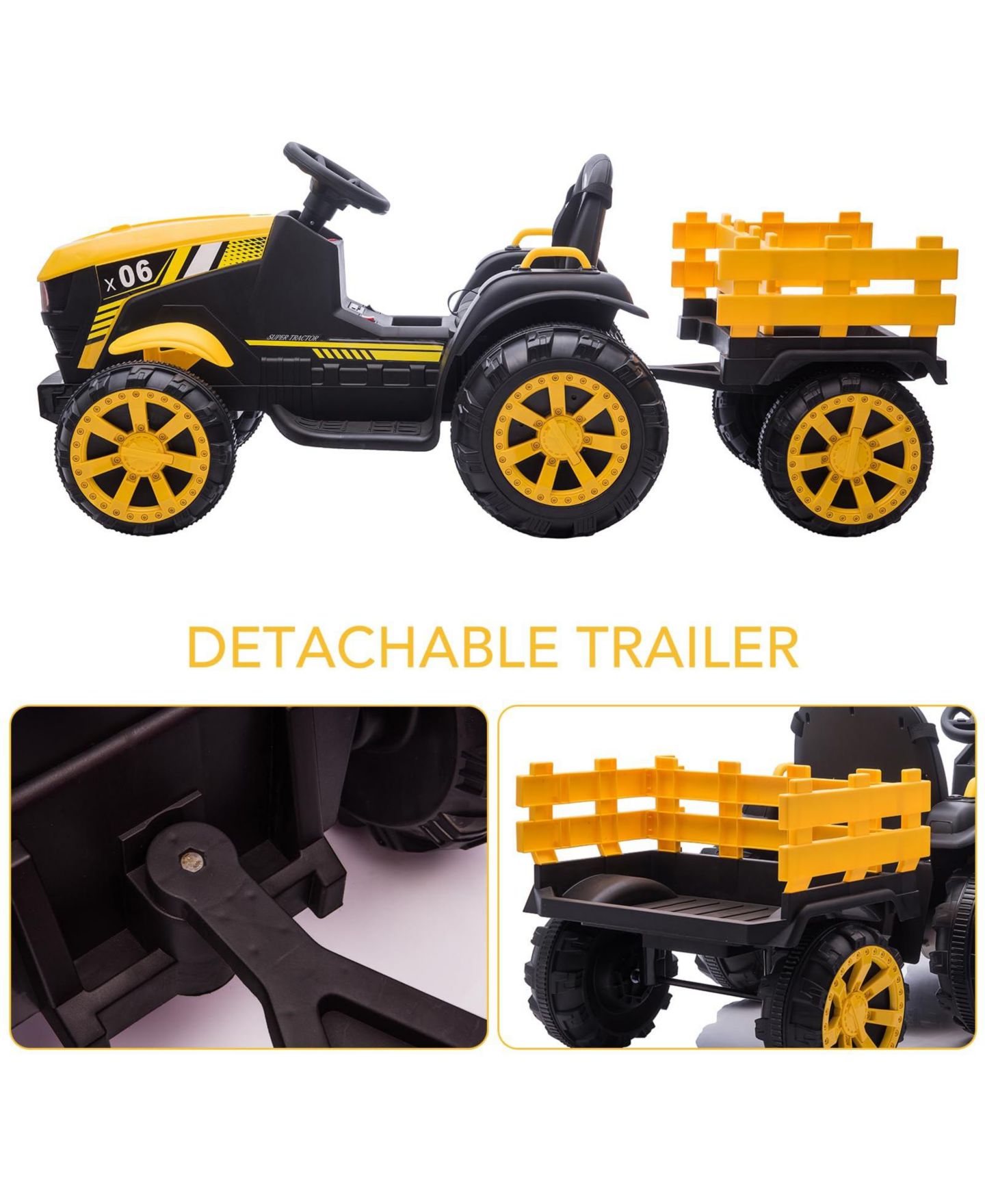 Детская игрушка homfan Kids Ride-On Tractor 12V Battery-Powered with Detachable Trailer and Remote Control, 61" x 27" x 23", 66 lbs Capacity, 3–6 лет, цвет: Жёлтый — фото 4