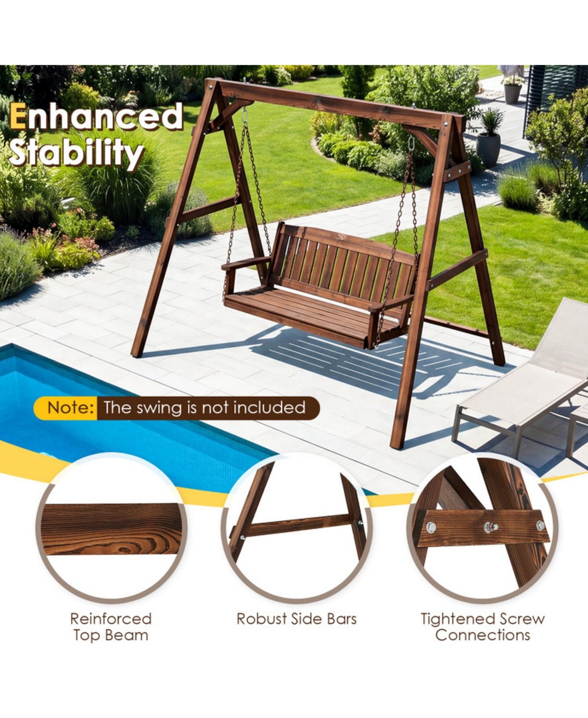 Sugift Heavy-Duty Carbonized Fir Wood A-Frame Swing Stand with Reinforced Side Bars and 2 Hanging Rings