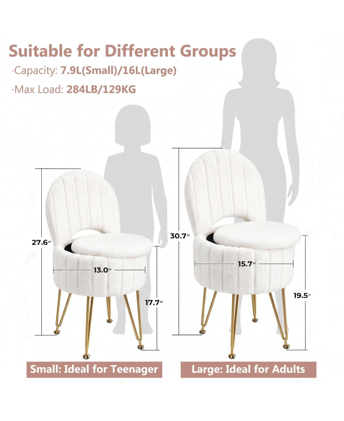 Round Vanity Stool with Storage and Backrest