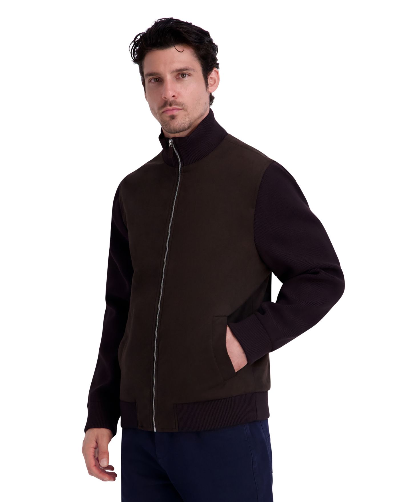 Мужская куртка KARL LAGERFELD PARIS Faux Suede Knit Rib Sleeves and Collar, цвет: Коричневый — фото 3