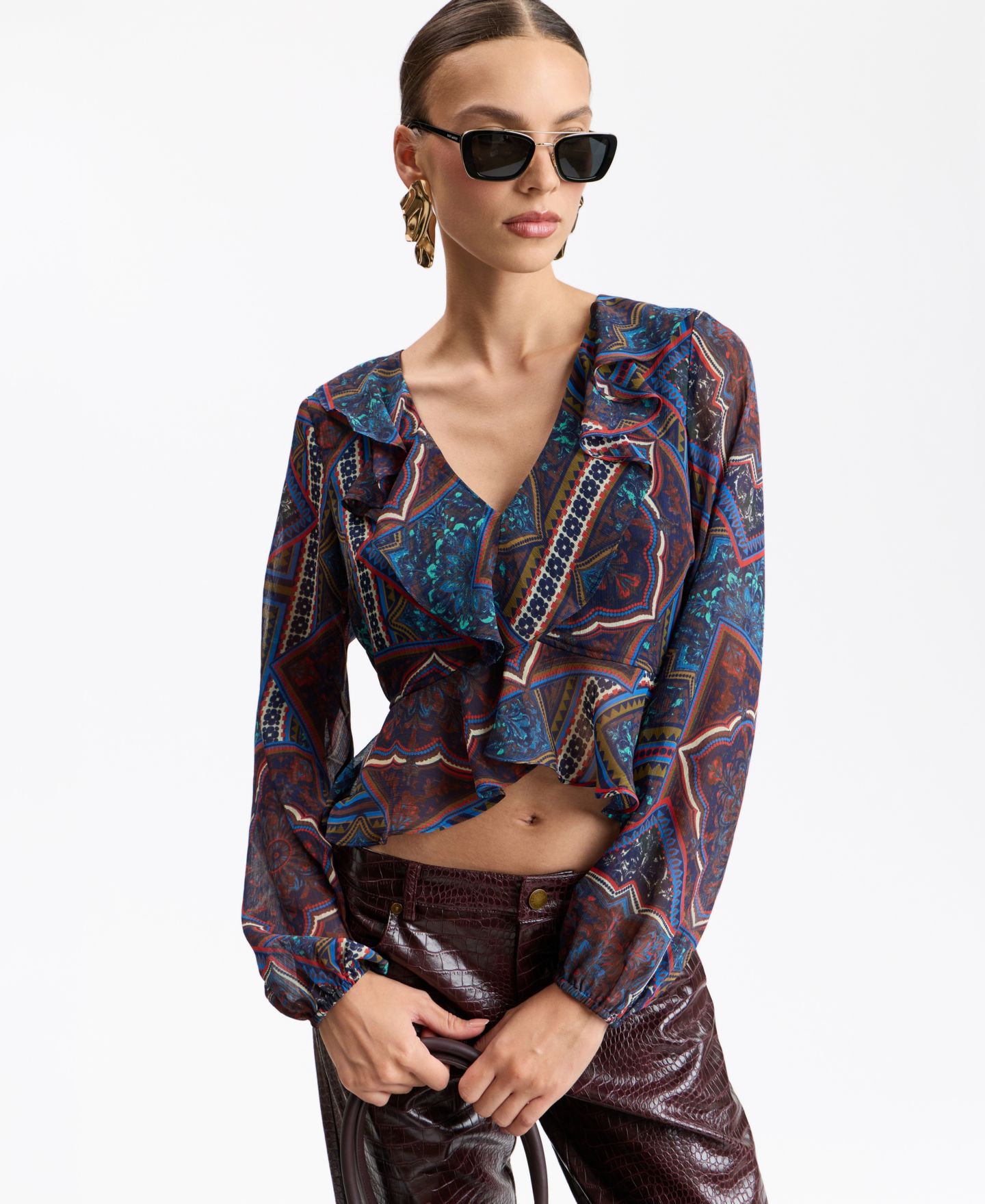 Женская блузка Avec Les Filles Long-Sleeve V-Neck Ruffle, цвет: Jewel Souk — фото 3