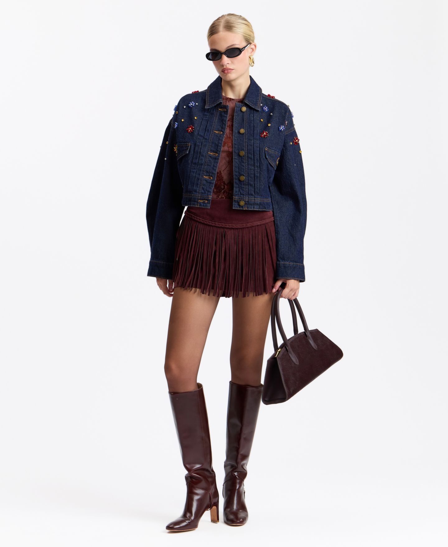 Женский пиджак Avec Les Filles Gem-Embellished Cropped Denim Blazer, цвет: Разноцветный — фото 2