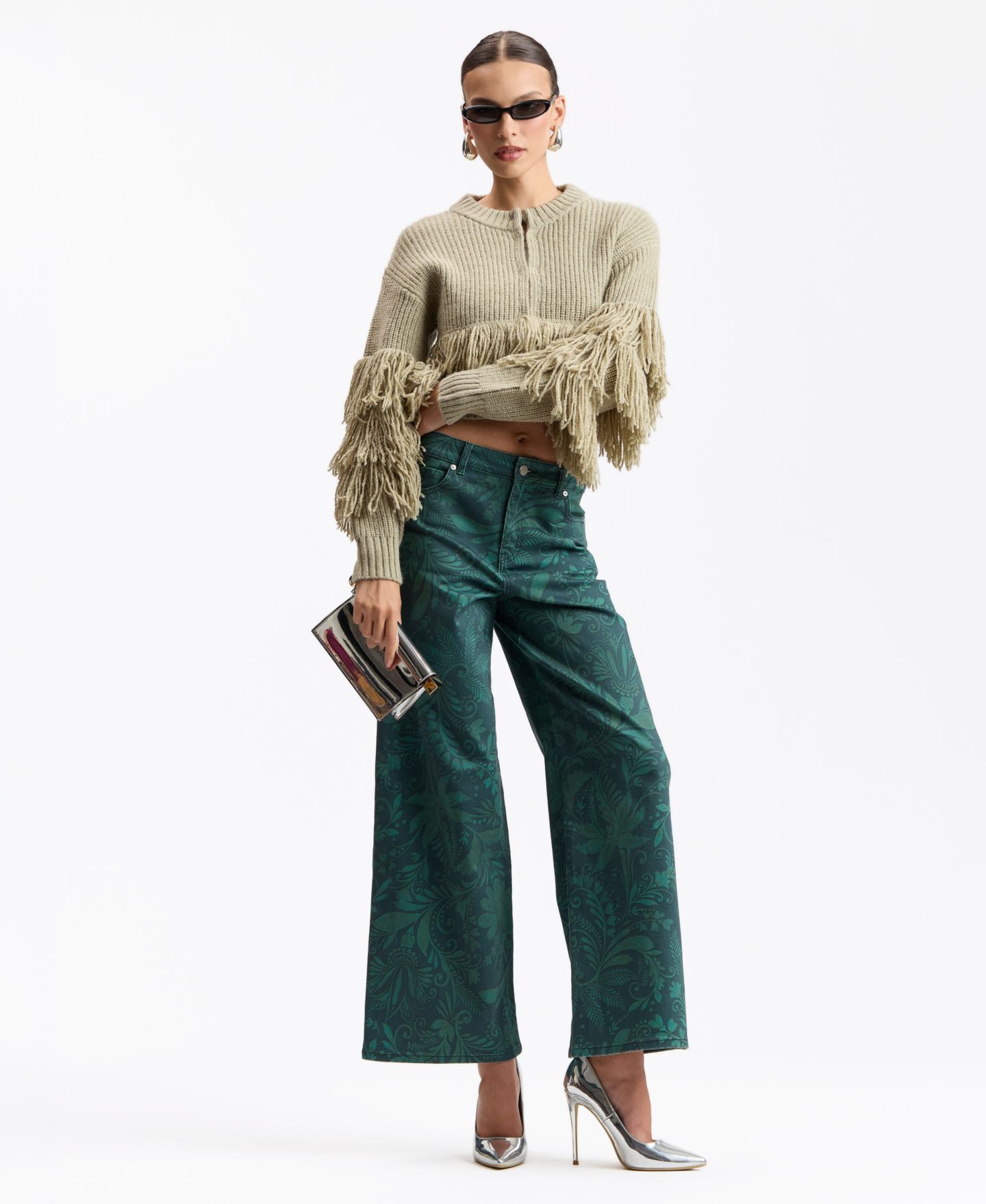 Женские джинсы Avec Les Filles High-Rise Floral-Print Wide-Leg, цвет: Бирюзовый полуночный — фото 3