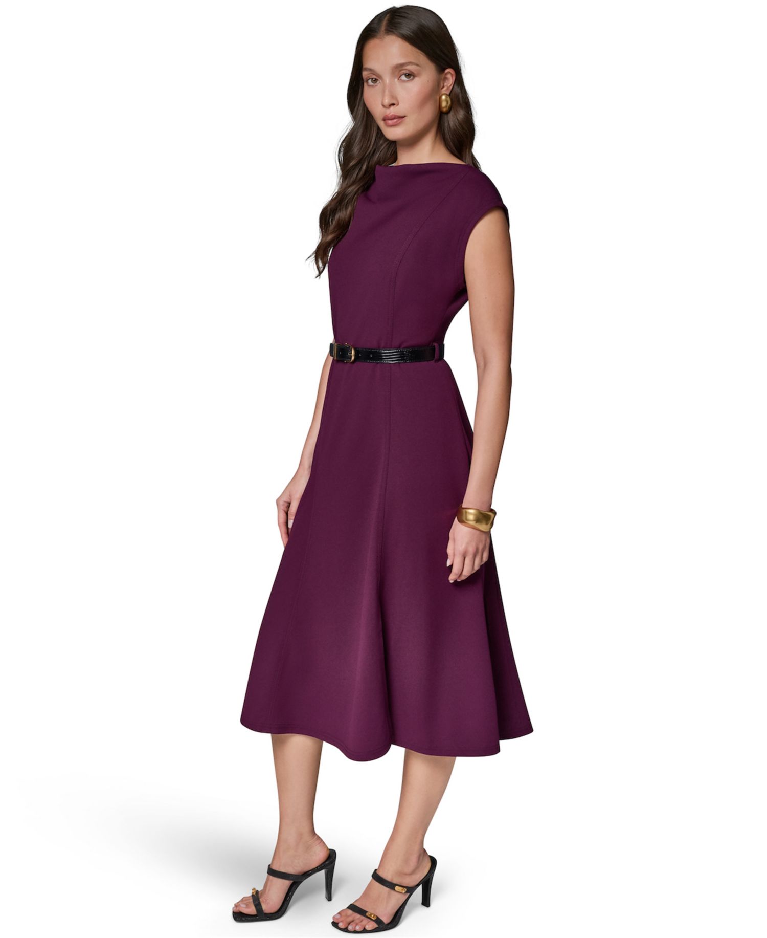 Women's Cap-Sleeve Boat-Neck Belted A-Line Dress