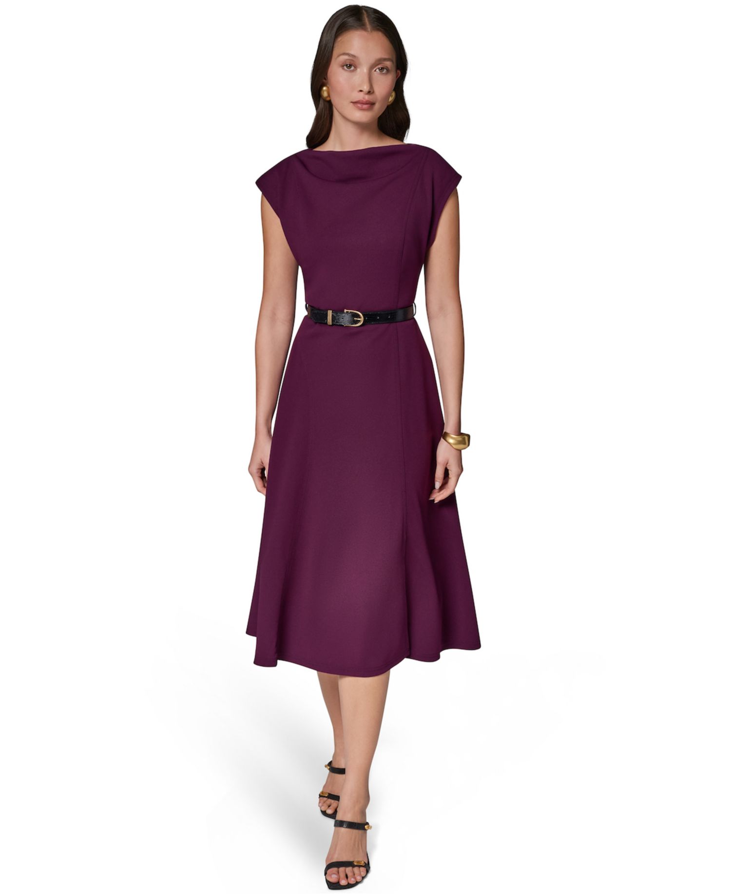 Women's Cap-Sleeve Boat-Neck Belted A-Line Dress