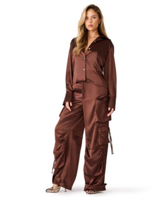 Women's Mare Long Sleeve Collared Cargo Blouse and Pants, 2-Piece Set