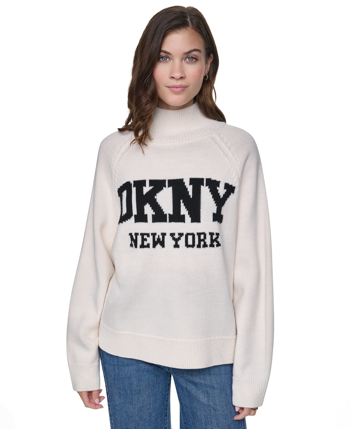 Dkny Jeans Women's Easy Mock-Neck Long-Sleeve Raglan Sweater - Eggnog/black