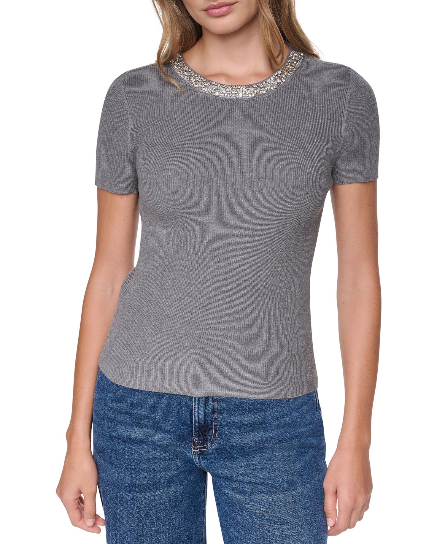 Women's Embellished Ribbed-Knit Short-Sleeve Crewneck Sweater