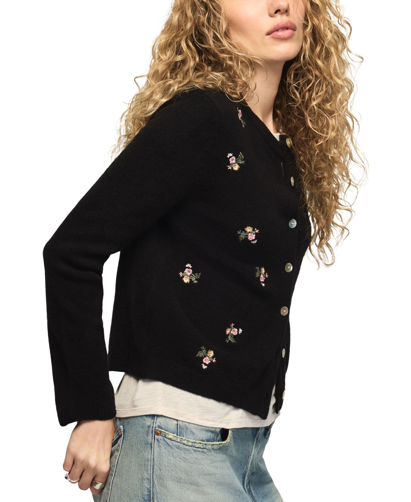 Женский кардиган Lucky Brand Floral-Embroidered Long-Sleeve, цвет: Caviar — фото 4
