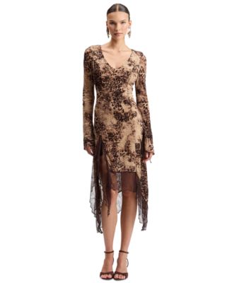 Women's Asymmetrical V-Neck Long-Sleeve Midi Dress
