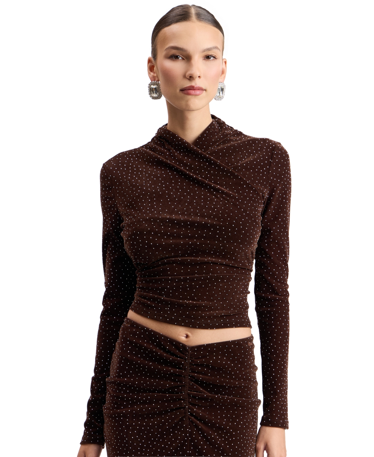 Avec Les Filles Women's Polka-Dot Wrap Long-Sleeve Crop Top