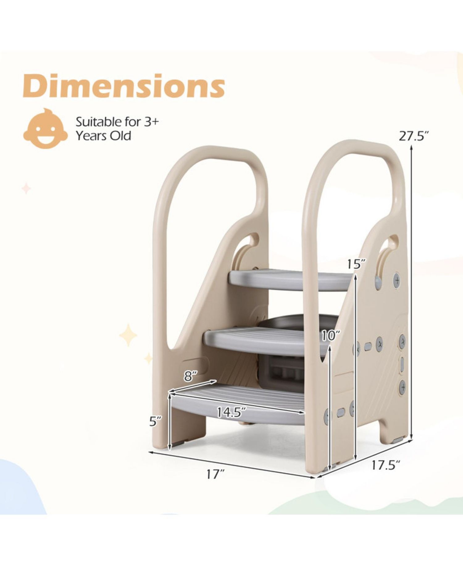 Adjustable 3-Step Kids Helper Stool with Safety Handles