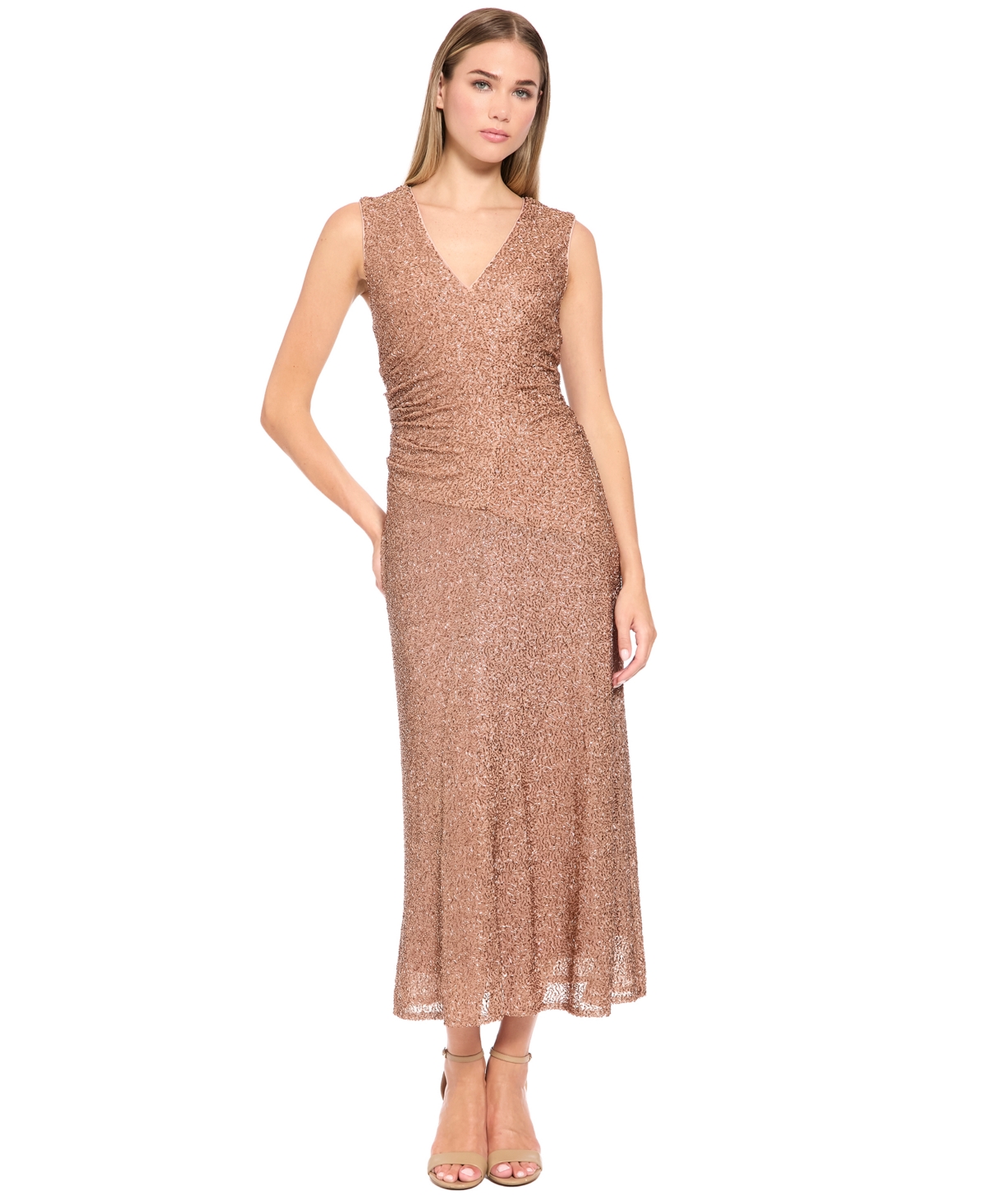 Luxely Women's Sequin V-Neck Ruched Midi Dress - Tan